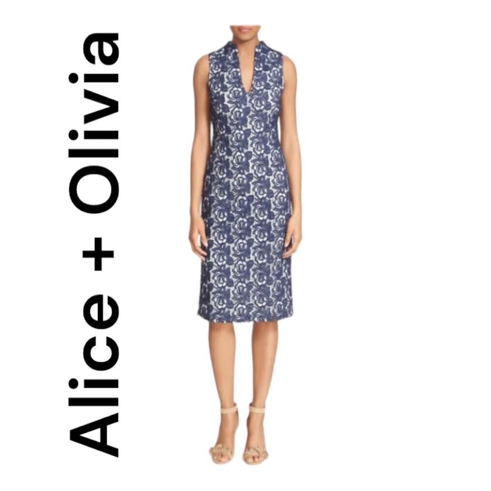 Alice + Olivia womens 4 small Jacki V neck lace dress navy blue with rose new